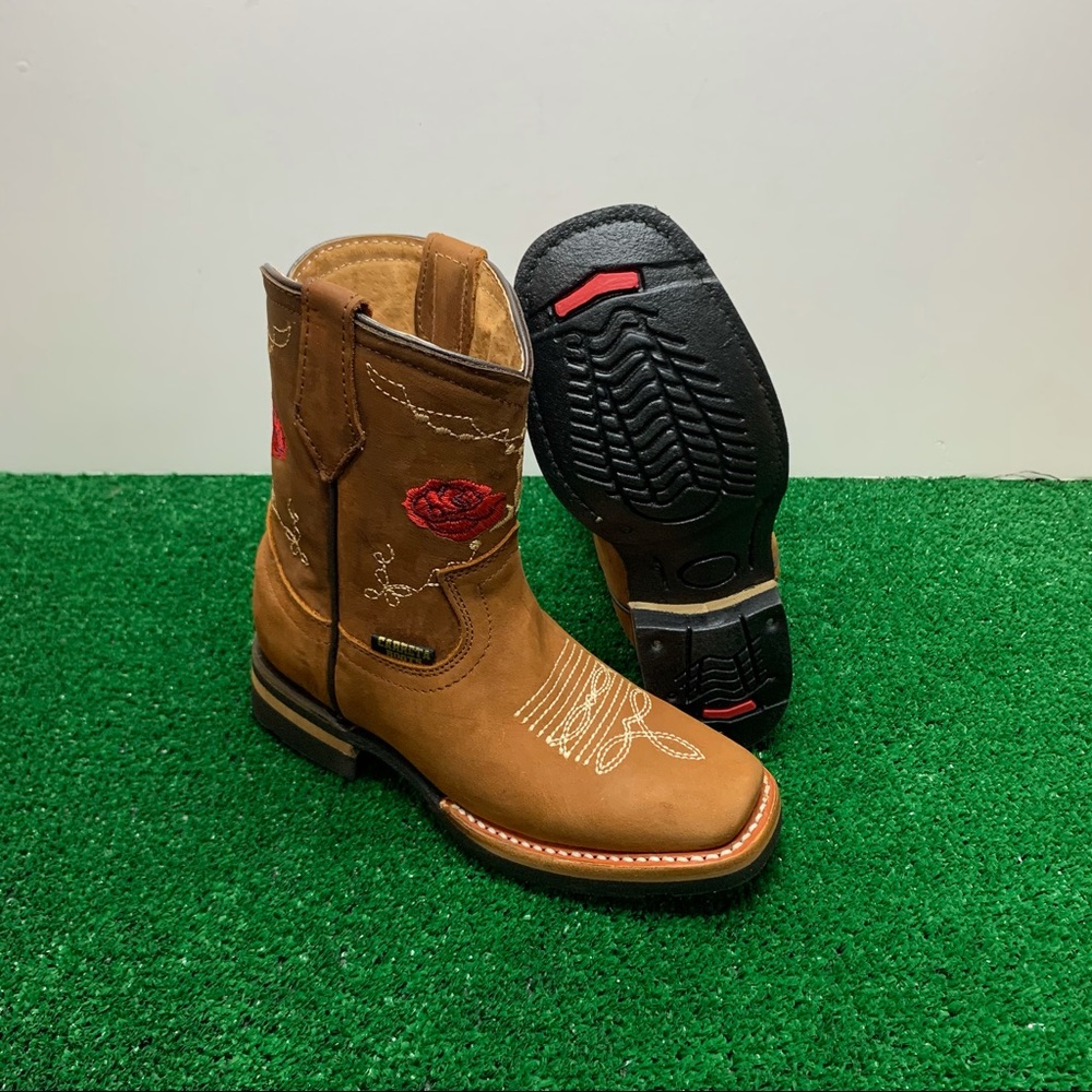 Cowboy Cowgirl western kids Tan boots genuine leather Flower 🌹 embroidered